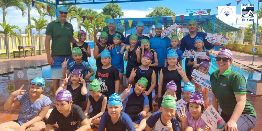 Swim Vietnam Students With Swimming Caps Donated By Busselton Jetty Swim